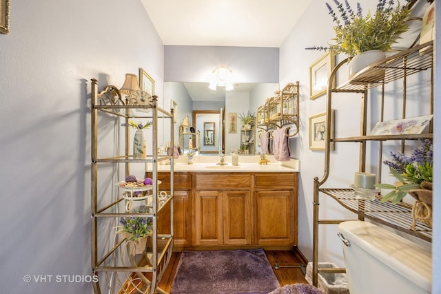 bathroom featuring toilet, wood finished floors, and vanity