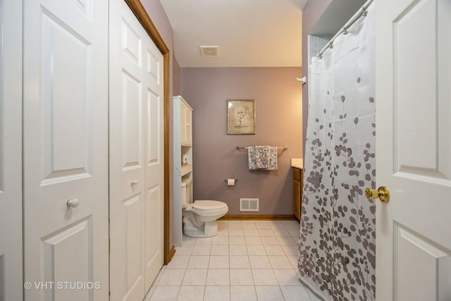 full bathroom featuring visible vents, toilet, vanity, and tile patterned flooring