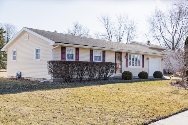 ranch-style home with a front lawn, an attached garage, and a shingled roof