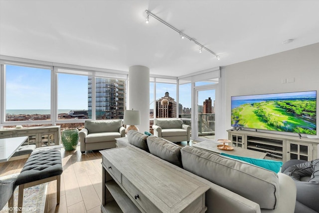 living area with floor to ceiling windows, light wood-style flooring, and a healthy amount of sunlight