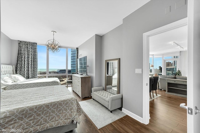 bedroom featuring multiple windows, a wall of windows, and wood finished floors