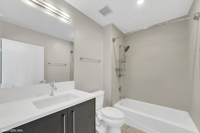 full bathroom featuring vanity, toilet, washtub / shower combination, and visible vents