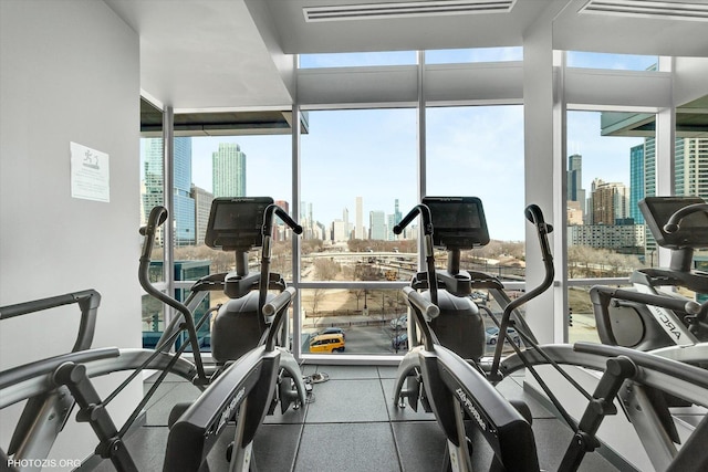 gym with a view of city and expansive windows