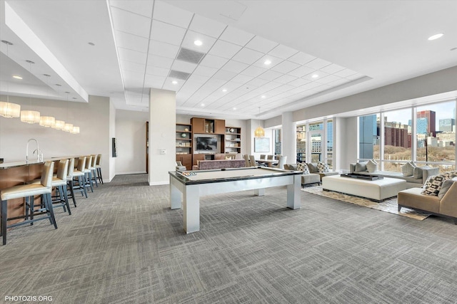 recreation room featuring pool table, baseboards, carpet floors, recessed lighting, and a sink