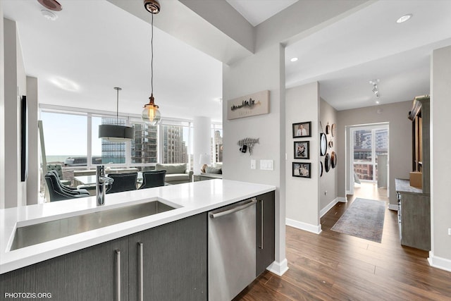 kitchen featuring stainless steel dishwasher, dark wood-type flooring, light countertops, and a wealth of natural light