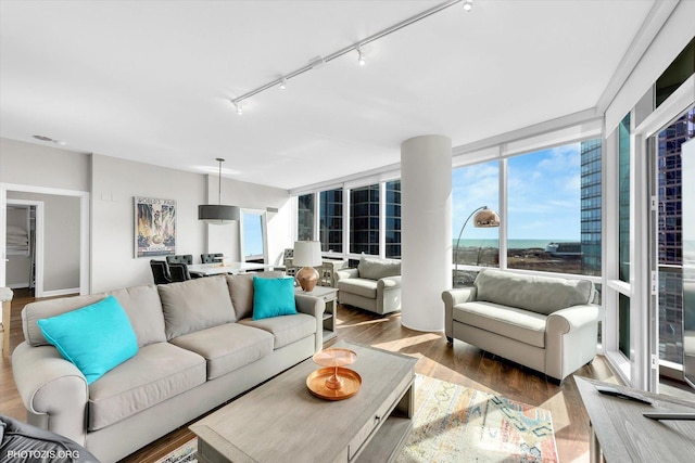 living area featuring floor to ceiling windows, rail lighting, and wood finished floors