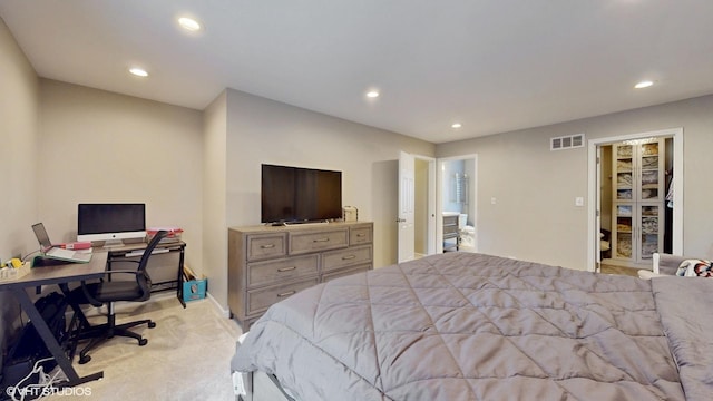 bedroom featuring recessed lighting, visible vents, and light colored carpet