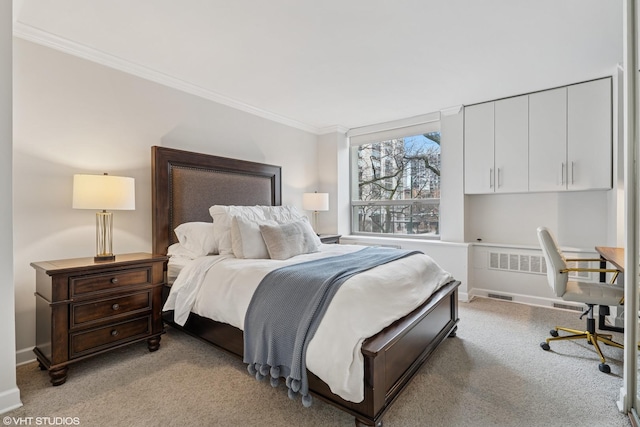 bedroom featuring ornamental molding, light colored carpet, and baseboards