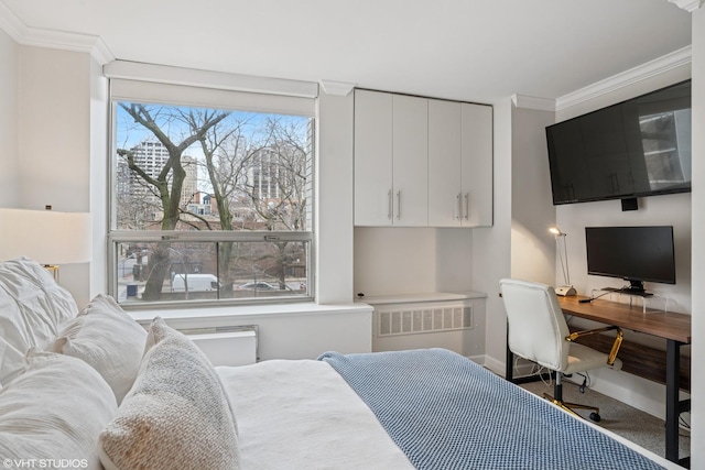 bedroom featuring ornamental molding, radiator, and baseboards