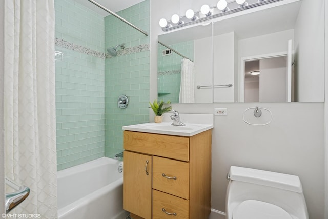 full bathroom with toilet, shower / bath combination with curtain, and vanity