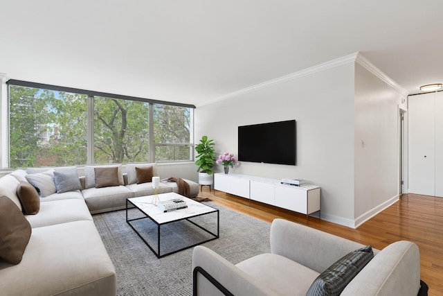 living area with crown molding, baseboards, and wood finished floors