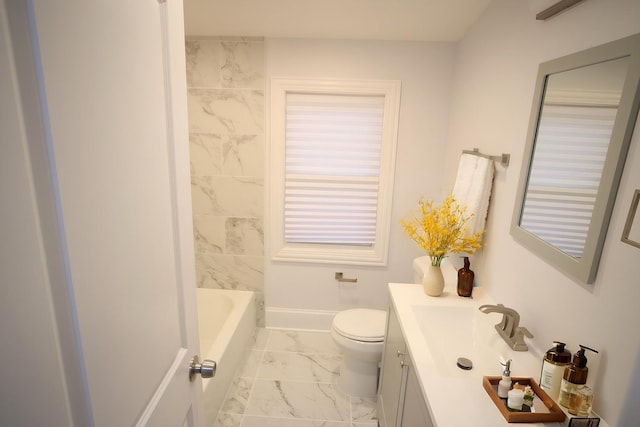 full bathroom with toilet, marble finish floor, baseboards, and vanity