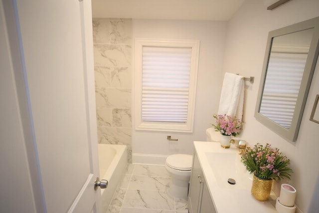 full bathroom with toilet, marble finish floor, vanity, and baseboards