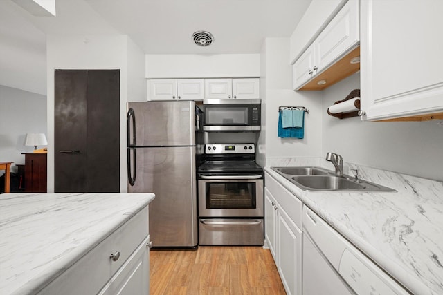 kitchen with light wood-style flooring, a sink, visible vents, white cabinets, and appliances with stainless steel finishes