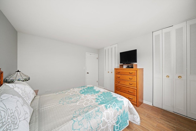 bedroom with light wood-type flooring and multiple closets