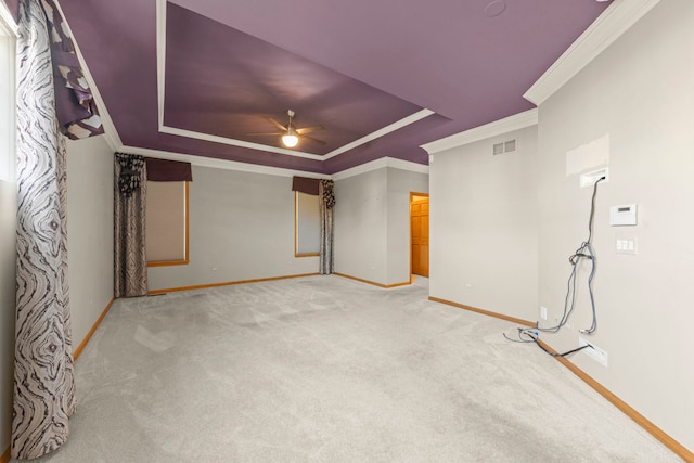 2811 Haven Ct, Naperville, IL 60564 - interior space with a tray ceiling, light colored carpet, baseboards, visible vents, and ceiling fan