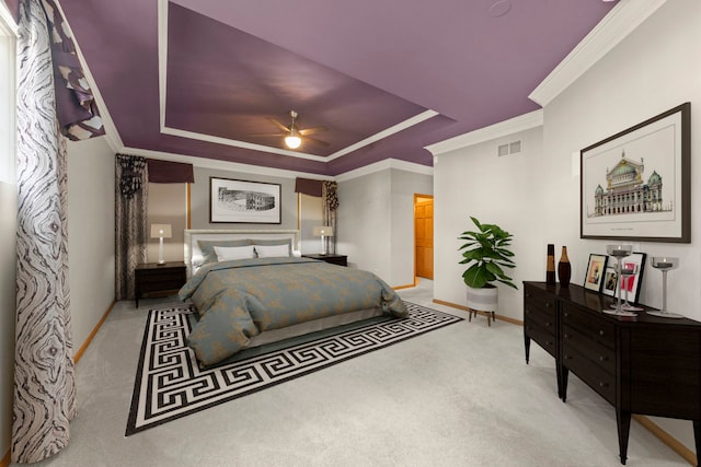 2811 Haven Ct, Naperville, IL 60564 - carpeted bedroom with visible vents, baseboards, ceiling fan, ornamental molding, and a tray ceiling