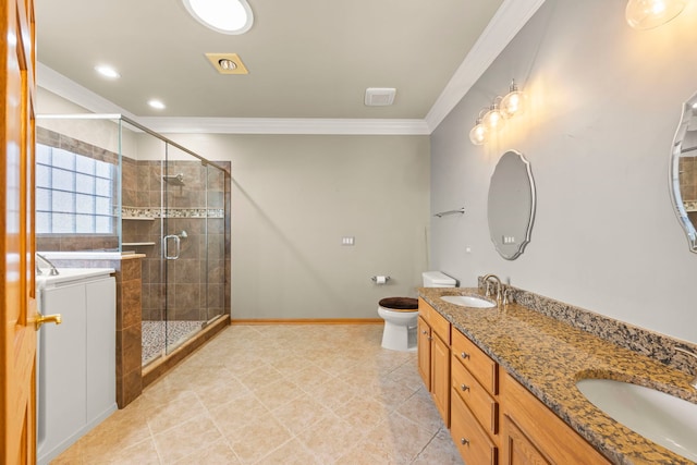2811 Haven Ct, Naperville, IL 60564 - bathroom featuring a stall shower, ornamental molding, and a sink
