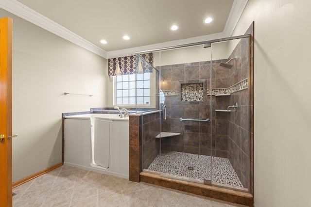 2811 Haven Ct, Naperville, IL 60564 - full bathroom featuring baseboards, ornamental molding, tile patterned floors, a sink, and a stall shower