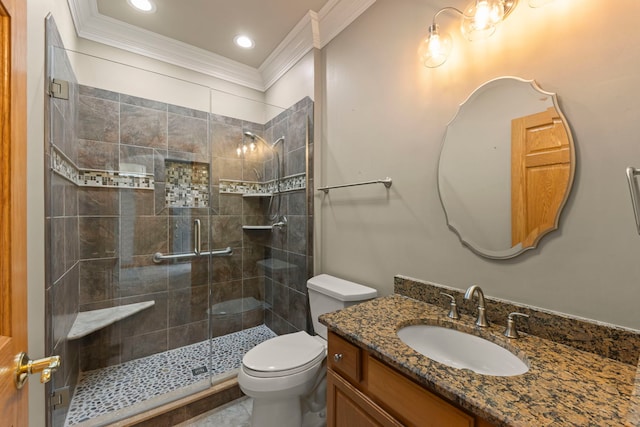 2811 Haven Ct, Naperville, IL 60564 - bathroom featuring toilet, vanity, a shower stall, ornamental molding, and recessed lighting