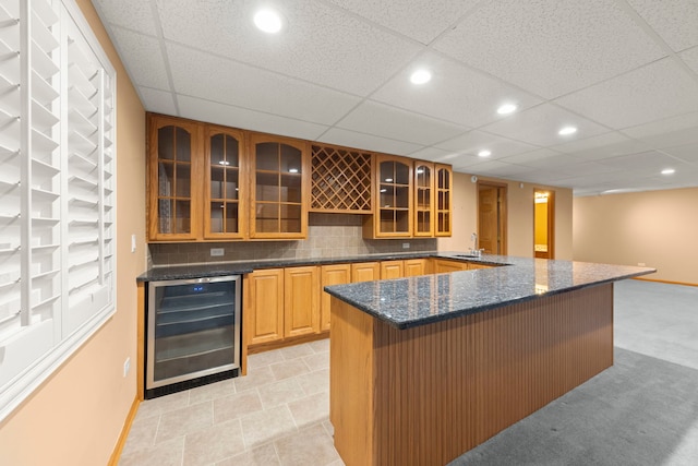 2811 Haven Ct, Naperville, IL 60564 - bar with recessed lighting, bar, backsplash, a sink, and beverage cooler