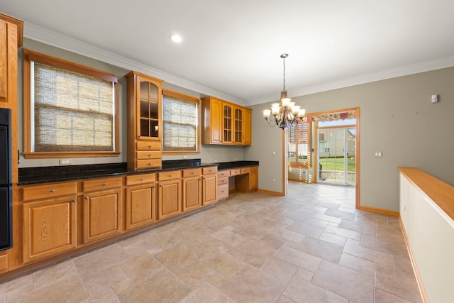 2811 Haven Ct, Naperville, IL 60564 - kitchen featuring built in study area, decorative light fixtures, ornamental molding, baseboards, and glass insert cabinets