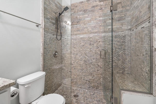 bathroom featuring a stall shower and toilet