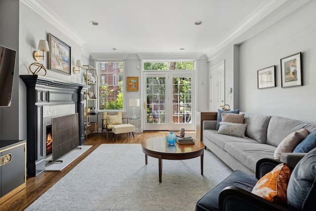 living area with dark wood-type flooring, a high end fireplace, and crown molding