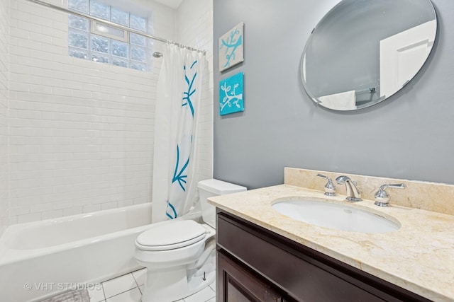 full bathroom featuring tile patterned floors, toilet, vanity, and shower / bathtub combination with curtain