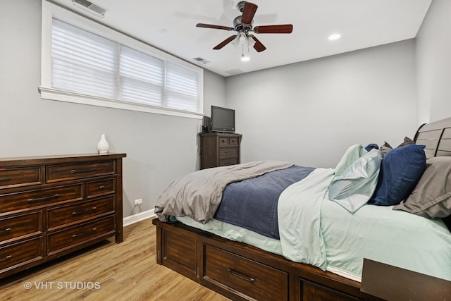 bedroom featuring recessed lighting, visible vents, ceiling fan, and light wood finished floors