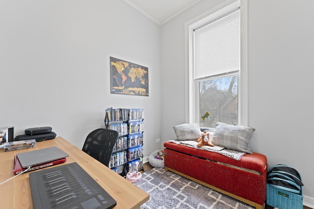 office with crown molding and baseboards