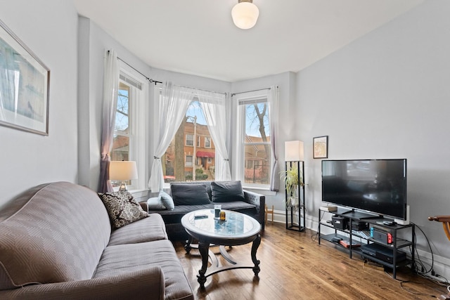 living room with baseboards and wood finished floors