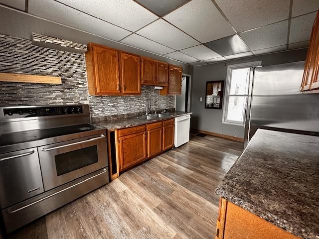 kitchen featuring decorative backsplash, light wood-style flooring, stainless steel appliances, and a sink