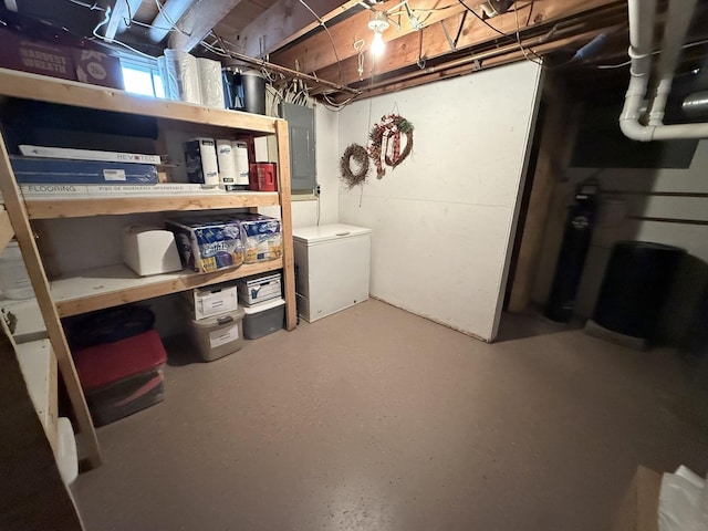 basement featuring electric panel and refrigerator