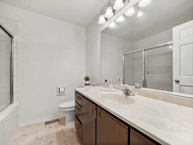 full bath featuring tile patterned floors, visible vents, toilet, and tiled shower