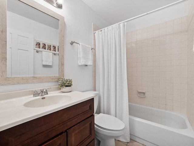 full bath with tile patterned flooring, toilet, vanity, and shower / bathtub combination with curtain