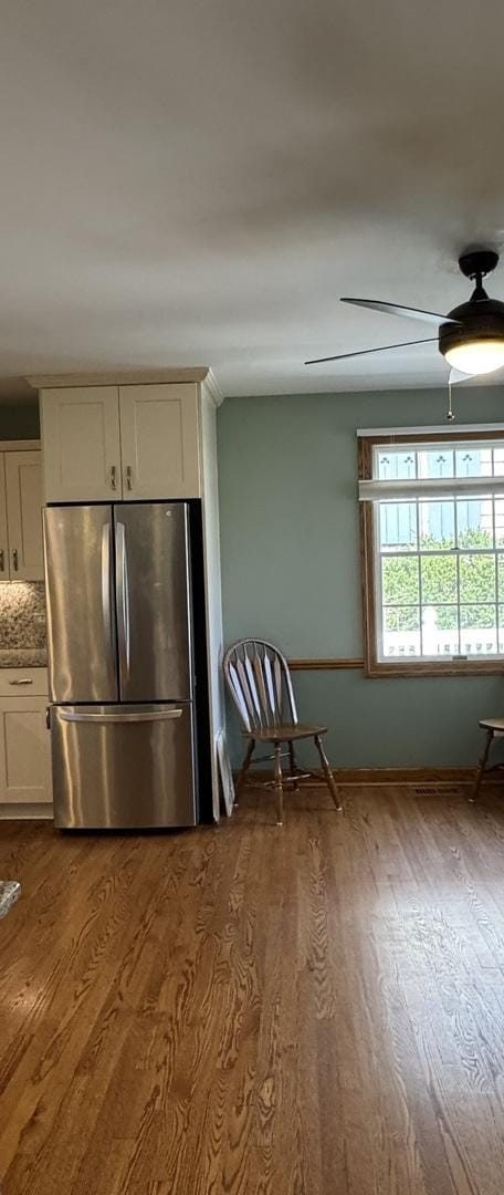 4036 Linden Ave, Western Springs, IL 60558 - kitchen featuring ceiling fan, wood finished floors, white cabinets, and freestanding refrigerator