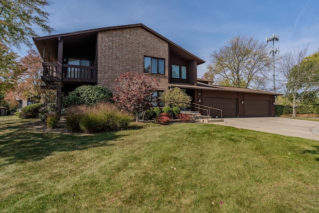 view of front facade with brick siding, a balcony, a garage, driveway, and a front lawn