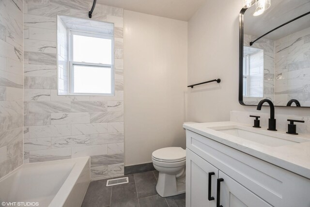 bathroom featuring toilet, shower / bathing tub combination, vanity, and visible vents