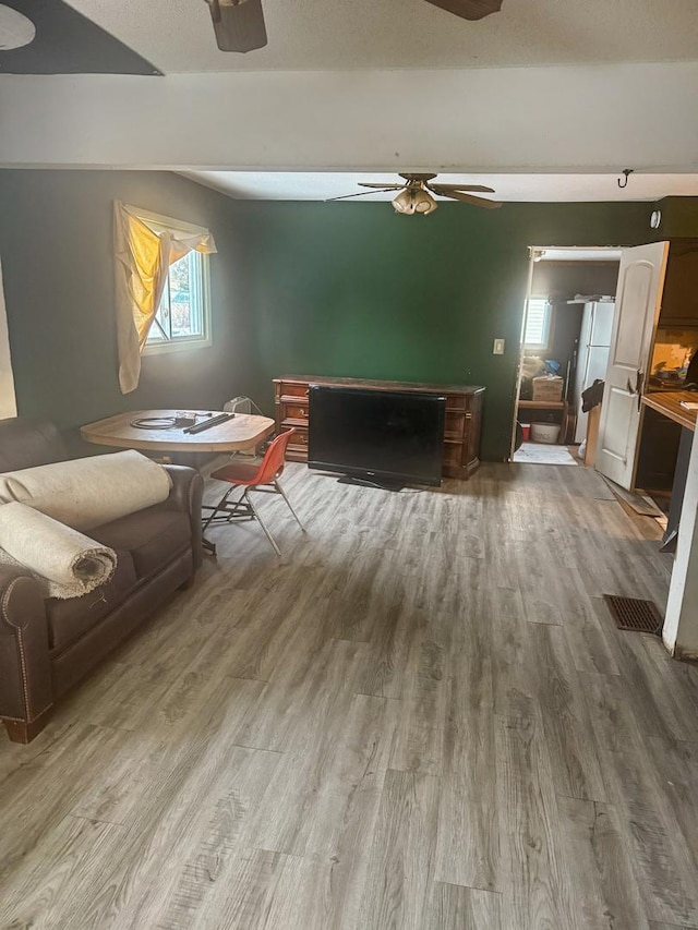 living room with ceiling fan and wood finished floors