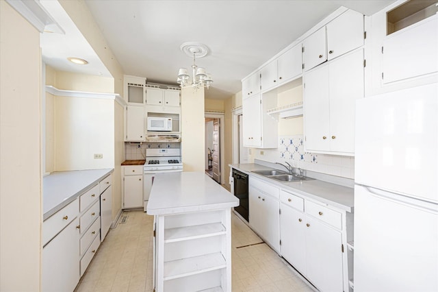 kitchen featuring light floors, white appliances, a sink, light countertops, and open shelves