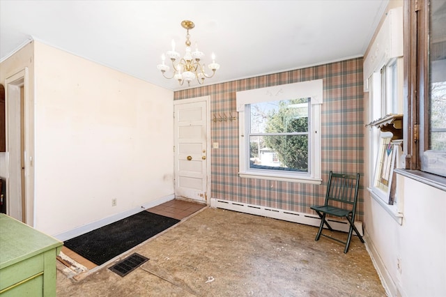 interior space with wallpapered walls, a baseboard radiator, visible vents, and baseboards