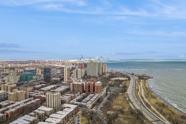 aerial view with a view of city and a water view