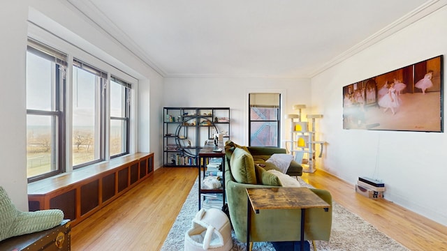 living room featuring baseboards, ornamental molding, and wood finished floors