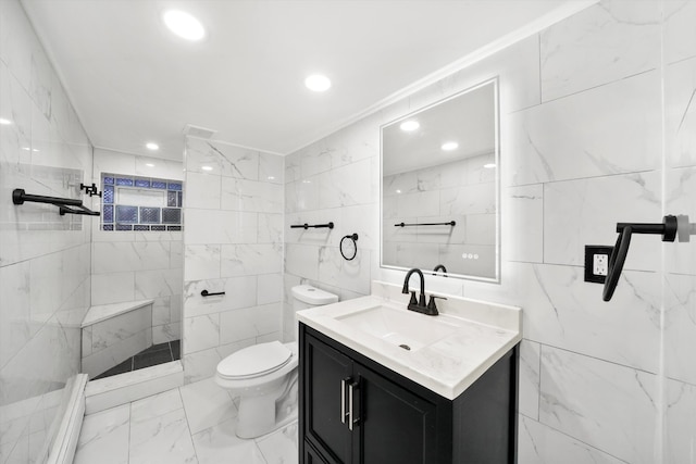 full bathroom with a walk in shower, marble finish floor, toilet, and tile walls