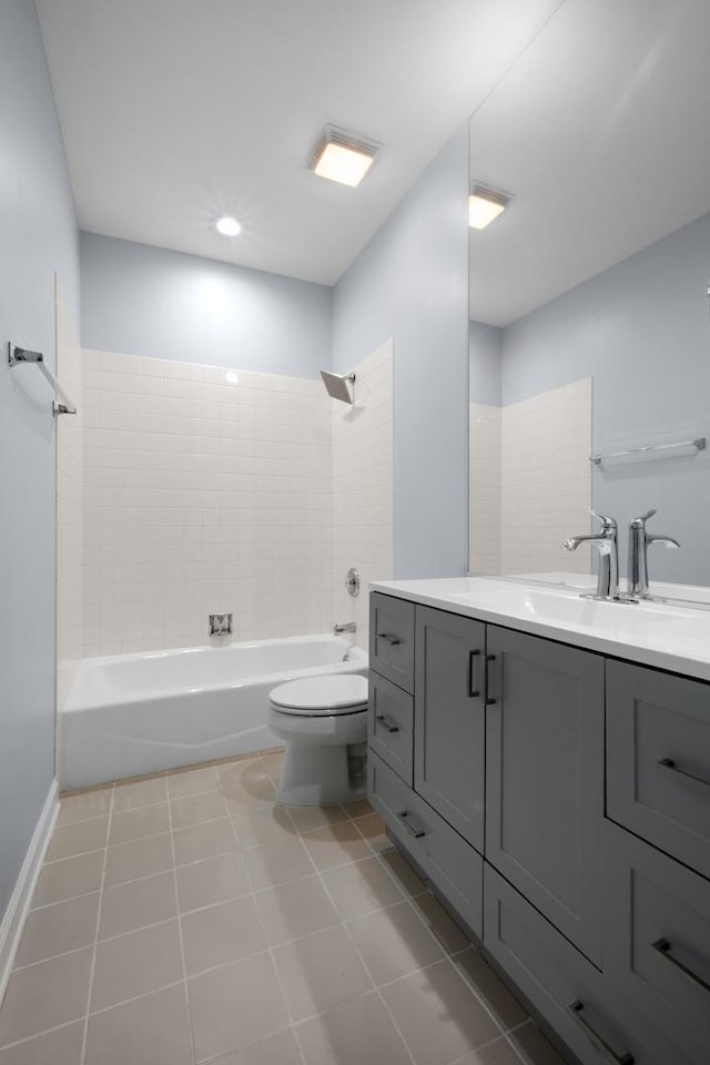 full bath with  shower combination, tile patterned flooring, vanity, and toilet