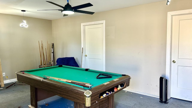 playroom with ceiling fan, pool table, concrete floors, and baseboards