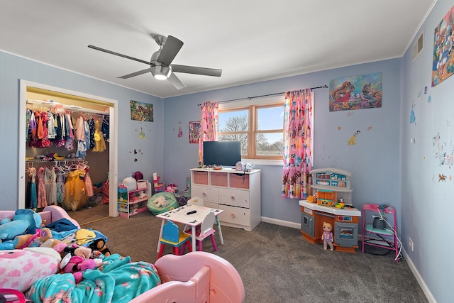 game room with carpet flooring, ceiling fan, baseboards, and visible vents