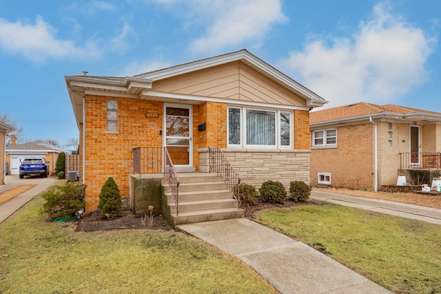 bungalow-style home featuring stone siding, brick siding, a front lawn, and central air condition unit