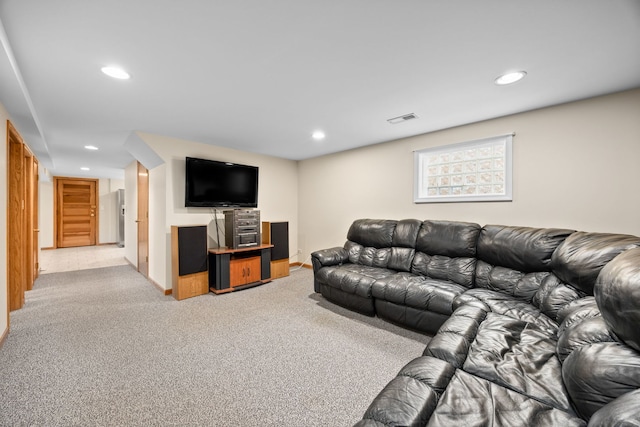 living room featuring recessed lighting, visible vents, light carpet, and baseboards